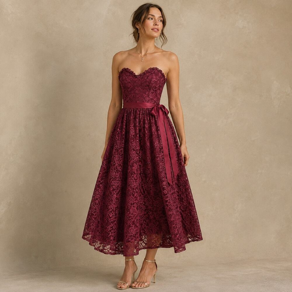 Vintage Burgundy Lace Dress 80s Strapless Formal Prom Dress Jacket XS